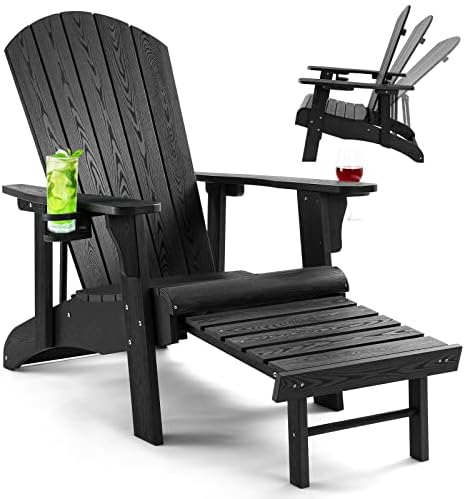 Leteuke Adirondack Chair with Adjustable Backrest (100°, 110°, 130°), Oversized Adirondack Chair with Ottoman and 2 Cup Holder, All-Weather Poly Lumber Adirondack Chairs for Patio, Outdoor, Black