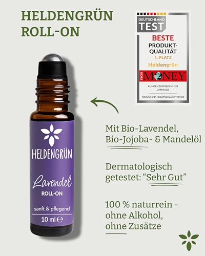 Heldengrün® BIO Roll-On Lavendel [100% NATURREIN] Dermatologisch getestet - 2-in-1: Duft & Pflege - Lavendelöl Roll-On mit Jojoba- & Mandelöl - Ideal am Abend