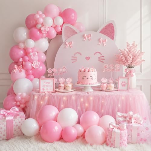 Image of Pink and White Balloons, Pack of 60PCS Dusty Light Pastel Pink White Bow Balloon, Baby Pink Latex Balloon for Girls Women Kitty Birthday Wedding Bridal Baby Shower Cat Theme Party Decorations Supplies