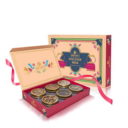 Brewix, Discover India Assorted Chai Tea Gift Set | Ginger Tea, Fennel, Tulsi, Cardamom Tea, Chilli Masala, Cinnamon Masala Chai | Loose Tea | Hot Tea Gift Set | Tea Sampler | Makes 90+ Cups| 6.34Oz #TOP5