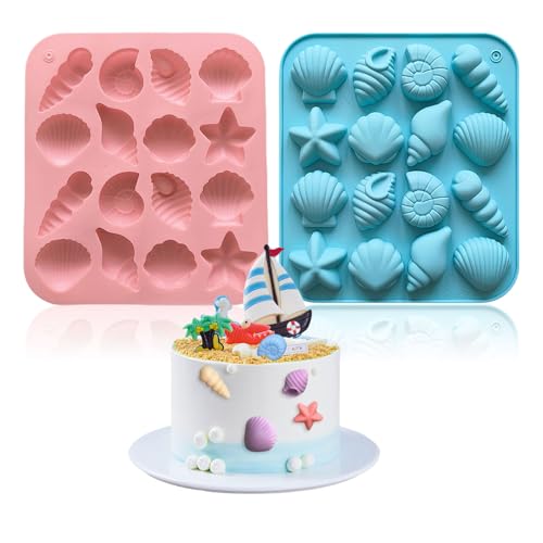 EUYKQNOI 2 sets de moules en silicone : coquillage et étoile de mer, moules à pâtisserie en silicone 3D pour fondant, moules en silicone pour fêtes de sirènes et thèmes sous-marins
