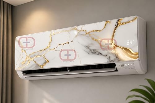 Image of Air Conditioner Cover Sticker, White Marble with Gold Veins Design, Self Adhesive Vinyl, 36x12 Inch