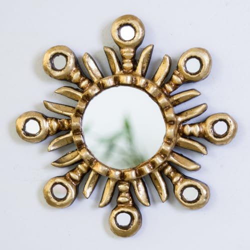 DecorContreras Handmade Small Sun Mirror from Peru – Hand-Carved Wood Round Mirror 6in with Bronze Leaf Finish - Unique Gift for Housewarming or Birthday (Gold)