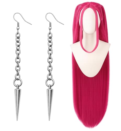Swooflia Pink Straight Wig for Women & Cosplay Accessories - Convenient Set Includes Adjustable Wig Cap, Earings, Cosplay Wig for Halloween, Costume, Party and Daily Use