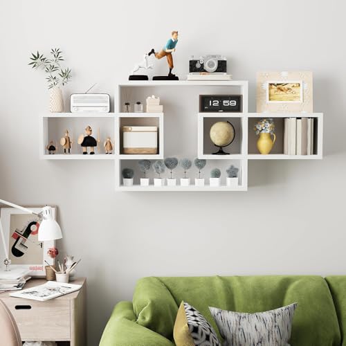 Image of Wooden Wall Shelves for Living Room, Bedroom Wall Mounted Rectangle Bookcase, Intersecting Wall Shelves for Storage Modern Decorative Display Shelves for Wall Decor (White)