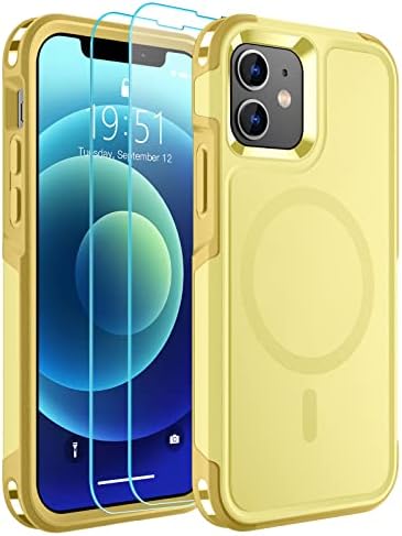 SUPFINE Magnetic for iPhone 12 Phone Case/iPhone 12 Pro Phone Case, [Compatible with MagSafe][10 FT Military Grade Drop Protection] 2X[Tempered Glass Screen Protector] Cover for iPhone 12,Yellow