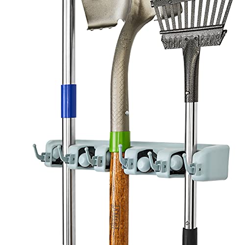 INNOVATEX Garage Tool Storage Rack Mop and Broom Holder Wall Mount Organizer, 5 Clamp Hanger Slots for Rakes, Shovels, Garden Yard Tools, Kitchen and Utility Use, 6 Hanging Hooks for Small Items