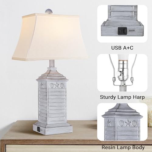 Hamucd Coastal Table Lamps Set of 2, Beach Living Lamps for Bedroom with USB A+C, Antique Grey Modern Resin LED 3-Color Temperature Bedside Nautical Decor, Nightstand Tropical Lamps for End Table. - Image 5