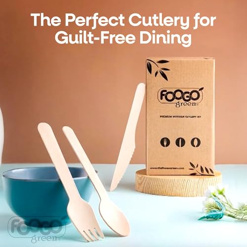 FOOGO Green 150pcs Disposable Wooden Cutlery Set, FSC® Certified, 50 x Forks 50 x Spoons 50 x Knives, 16cm, Biodegradable, Eco-Friendly, Compostable, Party Picnic, Like Bamboo
