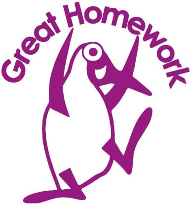 SuperStickers 'Great Homework' Pre-Inked Teacher Stamp for Marking in Purple Ink with Penguin Image.