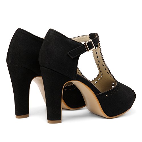 Getmorebeauty Women's Black Vintage Suede Ankle T Straps Dress Block Heeled Sandals Pumps (US 6, Black) - Thumbnail 4