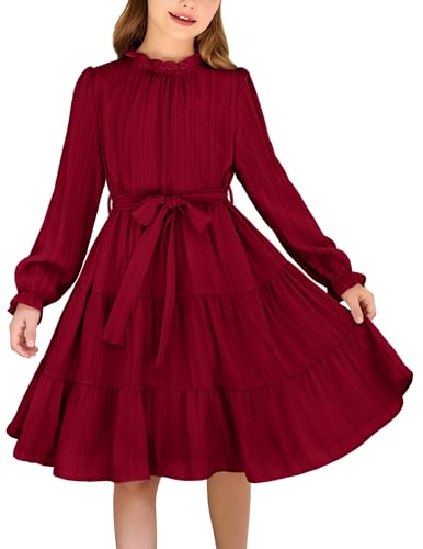 Arshiner Mädchen Kleider Elegant Winter Langarm Swing Festliches Kleid mit Gürtel Kleider für Kinder 9-10 Jahre Rot