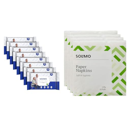 Image of Amazon Brand - Solimo Adult Bed Bath Wipes | Count 80 | 10 Wipes x 8 Packs | With Aloe Vera, Olive | Amazon Brand - Solimo 2 Ply Tissues Roll | 200 Napkins | 50 Pulls X 4 Packs | Soft And Highly Abso