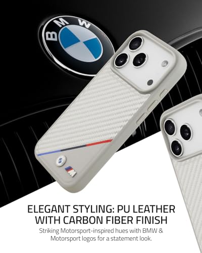 Image of CG MOBILE BMW [Official Licensed] Protective Case Designed for iPhone 17 Pro Max |Magnetic Compatible|M Collection|Pu Leather Case Carbon & Tricolor Stripe with Metal Logos -Silver