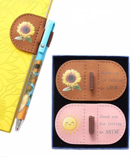 2Pcs Leather Magnetic Bookmarks for Women,Personalized Teacher Bookmark,for Book Lovers,Friend,Mom,Teacher Gifts,Sunflower Gifts,Thank You for Helping me Grow