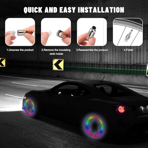 Rdxcv 4 PCS LED Tire Valve Lights, Waterproof Tire Valve Neon Spoke Lights with Motion Sensor, Cool Wheel Stem Flash Lamps Universal for Bike Motorcycle Truck, Car Accessories (Colorful)