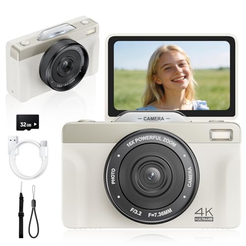 4K Digital Camera for Photography, 2026 Latest 64MP Autofocus WiFi Vlogging Camera for YouTube, 3'' 180° Flip Screen Compact Travel Cameras for Beginners with 16X Zoom, 32GB TF Card, Flash (White)