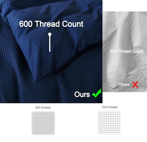 Zaizaihome 100% Egyptian Cotton Duvet Cover Set Queen Size, Waffle Weave Duvet Cover, 600 TC Soft Breathable Bedding Set for All Season, 3 PCS, 1 Duvet Cover and 2 Pillowcases, Navy Blue, 90"x90" by Zaizaihome - Image 4