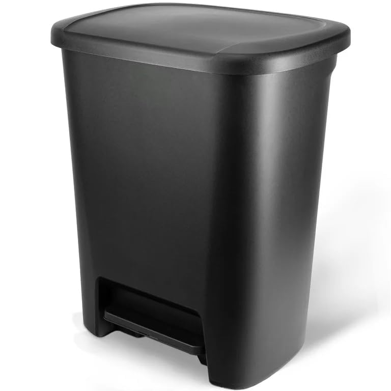 20.4 Gallon Step-On Trash Can, Black Plastic Kitchen Waste Bin with Lid, Odor Protection, 21.1x15.5x25.7 Inch