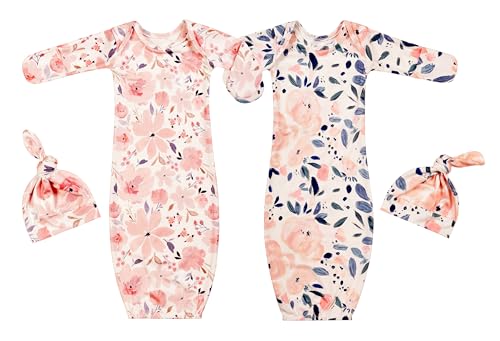Giggle Angel Newborn Baby Sleeper Gown with Hat Knotted Gown Nightgown Coming Home Outfits for Baby Girl 2 Pieces Set (US Age 0 Months 3 Months Ink Pink and Light Pink)