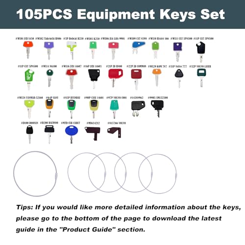 105PCS No-Duplicate Heavy Equipment Keys Master Set, Cat Key Set, Construction Ignition Key for CAT JLG Case JD Hyster Kubota Komatsu Yanmar Terex Ford New Holland JCB and More