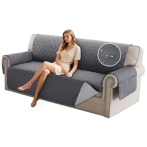 PrinceDeco 100% Waterproof Couch Covers for 3 Cushion Couch Sofa Modern Sofa Slipcovers with Elastic Straps Thick Soft Furniture Protector Pet Friendly, Grey
