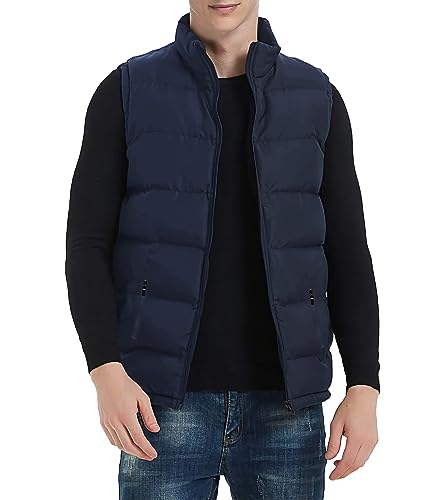 TUVEKE Navy Blue Mens Puffer Vest Sleeveless Zipper Quilted Outdoor Outerwear Down Puffy Vests Lightweight Big and Tall Solid Winter Warm M