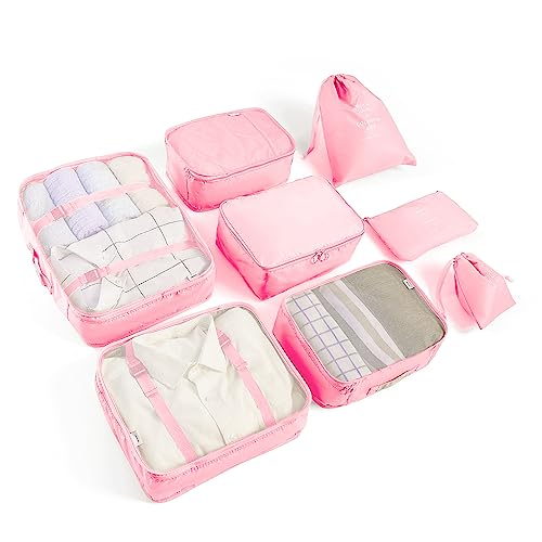LANSKLBD 6/8 Set Packing Cubes for Suitcases Travel Luggage Packing Organizers Travel Accessories Essentials Luggage Organizer with Shoe/Tioletry/Laundry Bag (Pink 8 set)
