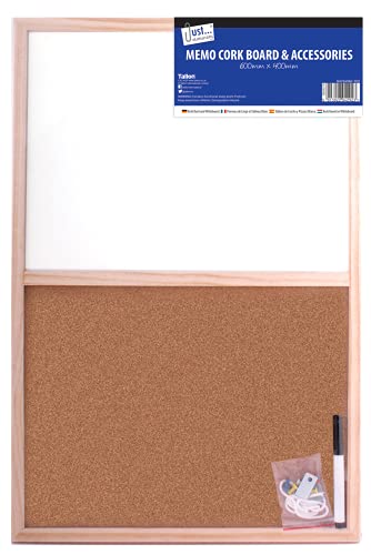 Wood Frame Split Cork/Dry Wipe & Cork Board and Dry Wipe Board, Whiteboard Coloured Markers Bulletin Memo Decor, Home, Office, Push pins and Hanging Hooks (Split Cork/Dry Wipe Board, 400 x 600 mm)