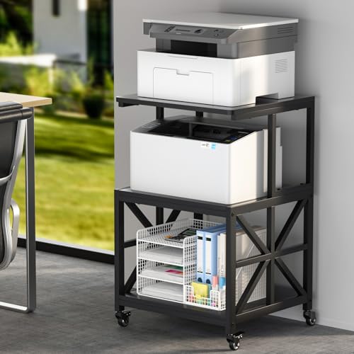 GreenForest Printer Stand with 3 Tier Storage Shelf, 19.7\" x 17.7\" Sturdy Printer Table for Home Office, Mobile Cart on Wheels Heavy Duty Organizer for Fax Scanner, Black