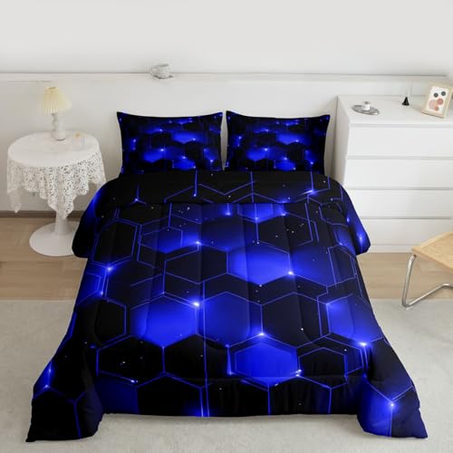 Image of Feelyou Blue Black Honeycomb Comforter Set Twin, Honeycomb Comforter for Kids Boys Girls Beehive Hexagon Bedding Set Geometric Duvet Durable Quilt Twin Size