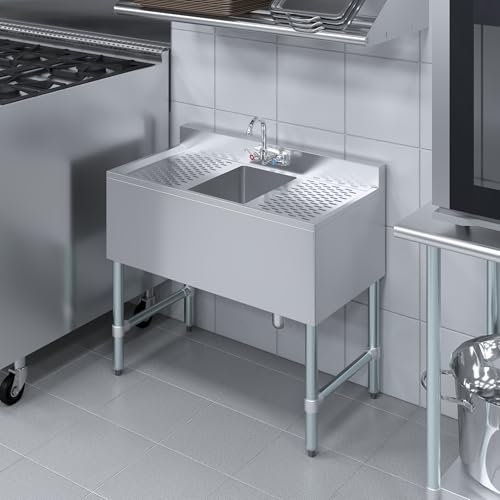 Image of 36 in. x 19 in. Stainless Steel Underbar Sink with Two Drainboards and Splash-Mounted Faucet | One Compartment Commercial Sink