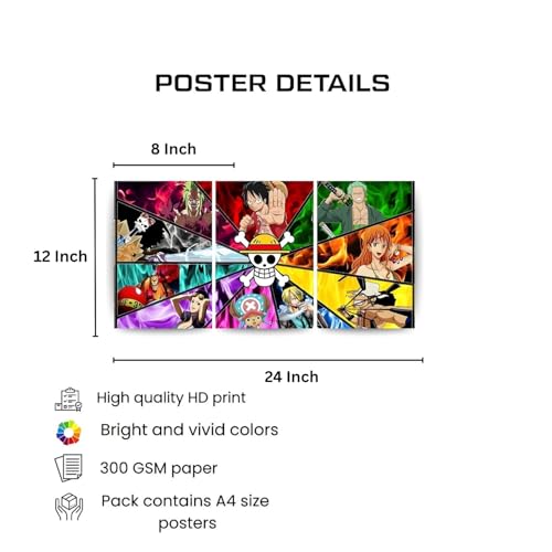 Image of ADRAIL STORE One Piece Anime Manga Poster, One Piece Character Design Wall Poster 3 Panal - A4 Size, 300 GSM, Wall Decor Posters Wall Art For Bedroom, Living room, Office, Dining Room,No Frame (1P-2)