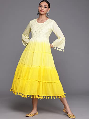 Image of INDO ERA Women's Floral Embroidered Maxi A-Line Dress(Ed0Yl8569 Yellow Xs To 2Xl-Size)