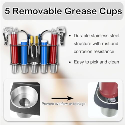 Gavinjitao Fettpressenhalter, Wandhalterung, Aufbewahrungsregal, kompatibel mit 2 Fettpistolen, Organizer mit 5 abnehmbaren Tropfbechern für Garage und Geschäft, Werkstatt, Aufbewahrung, Schwarz
