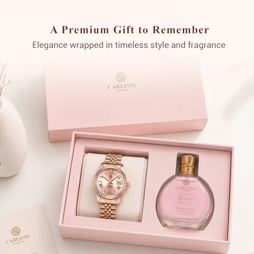 Image of Carlton London Women's Gift Set - Harper Gold Analog Watch & Blush Perfume 30ml for Women | Luxury Fashion Wrist Watch with Fragrance Combo | Elegant Gift Set for Birthday, Anniversary & Special Occasions