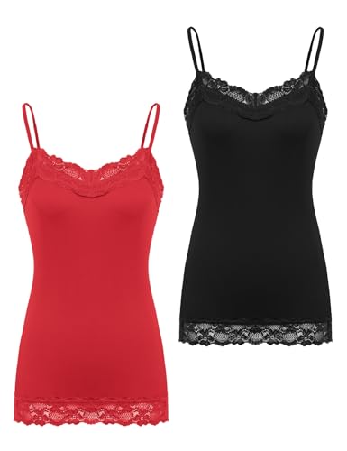 Image of Kate Kasin Women's Adjustable Spaghetti Strap Lace Trim Cami Tunic Tank Top 2PACK