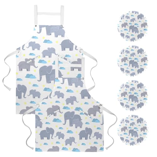 Tablier de cuisine à broches motif éléphants de dessin animé lot de 2