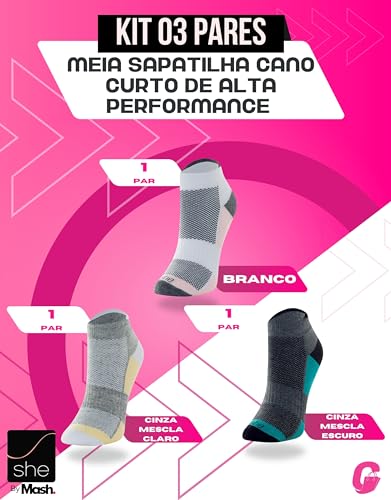 KIT 03 MEIA INVISÍVEL PERFORMANCE SHE BY MASH | 1 Branco - 1 Cinza Mescla Claro - 1 Cinza Mescla Esc