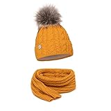 ELIMELI® Mütze Schal Damen Winter Kombi Set - warme Strickmütze Wintermütze mit Bommel und EIN passender XL Schal - Slouch Strick Beanie Bommelmütze Made in EU Farbenauswahl 15568 (Senfgelb)