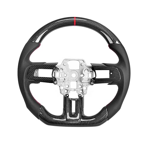 EASSAFEX Carbon Fiber Steering Wheel for Mustang EcoBoost/GT/Shelby GT350/GT350R 2018-2021,D-shaped Flat-bottom Perforated Leather Grip with Replacement Trim