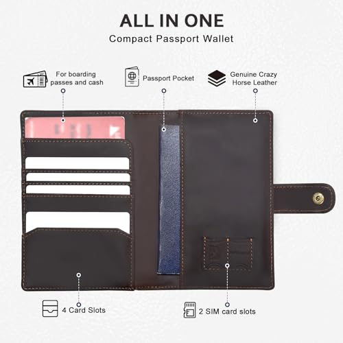 Genuine Crazy Horse Leather Passport Holder for Travel, RFID Blocking Passport Wallet with Tracker Holder, Slim Passport Travel Wallet for Women Men, Airport Essentials (Dark Brown) — view 2