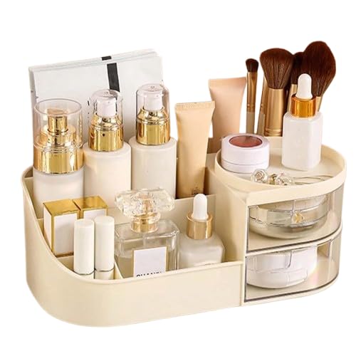Image of INKULTURE Plastic Desk Organiser, Desktop Drawer Organiser, Cosmetics Storage Organiser, Cute Desk Storage For Office Supplies, Bathroom Counter Or Chest Of Drawers, Cream