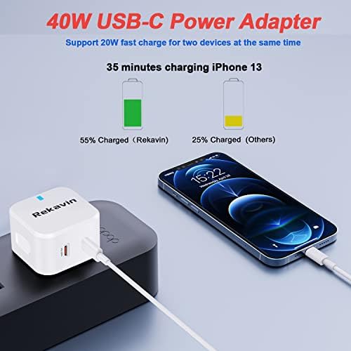 USB C Plug Fast Charge 40W,Rekavin Dual Port 20W USB Type C Wall Charger Plug Power Adapter UK Charging for iPhone 14/13/13 Mini/13 Pro/13 Pro Max /12/12 Mini/12 Pro/12 Pro Max/11/11 Pro/iPad Mini/Pro