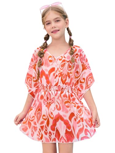 Haloumoning Girls Chiffon Swim Beach Cover Up Kids Cute Elastic Waist Printed Bathing Suit Coverups 5-14 Years