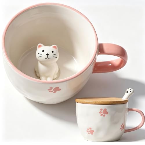 Cosas dulces de cerámica gato taza de café taza de té con tapa cuchara tazas divertidas regalos para mujeres taza de café taza de porcelana 3D taza personalizada capuchino tazas mejor novia regalo de