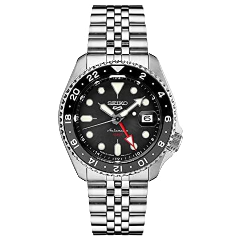SEIKO SSK001 Automatic Watch for Men - 5 -Sports - Black Dial with Date Calendar and Luminous Hands & Markers and Black & Gray GMT Bezel, 100m Water-Resistant Cover
