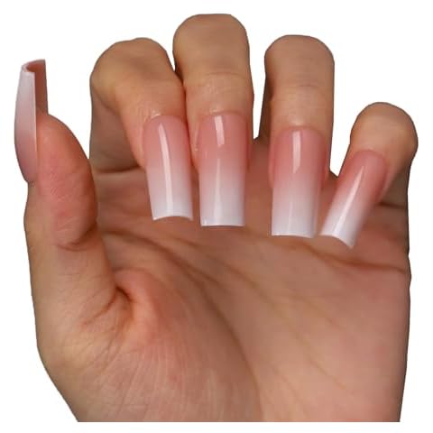 OIFEN Press On Nails, 32pcs Long Square Fake Nails Acrylic Glossy with Nail Glue (Pink White Ombre) Cover