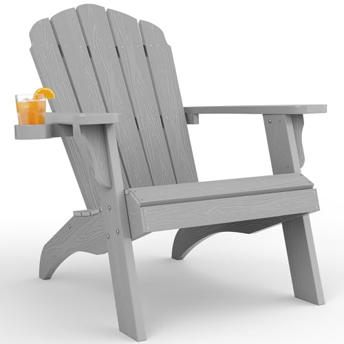 YEFU Oversized Plastic Adirondack Chair with Cup-Holder (Large Dual-Purpose), Weather Resistant, Poly Lumber Outdoor Chairs Duty Rating Widely Used in Patio, Lawn, Outside, Deck, Garden Chairs-Grey