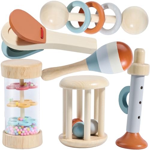 Montessori Mama Baby Rattle and Musical Set, 6 Piece Wooden Infant Toy